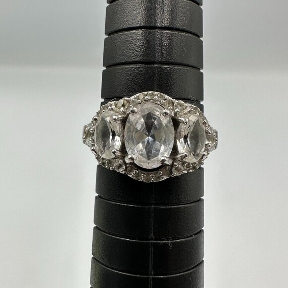 Sterling Silver Engagement Ring Size 7 Three Oval Clear Stones Wedding Elegant - Picture 1 of 8